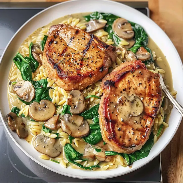 Côtelettes de porc orzo champignons