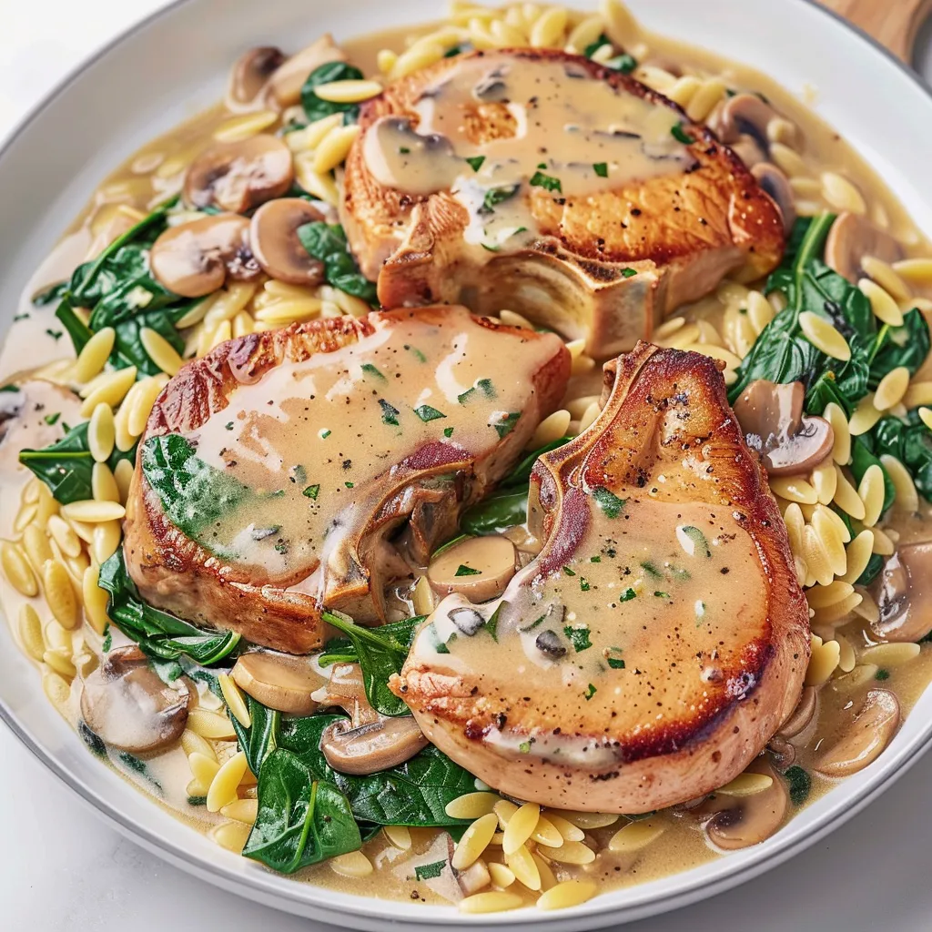 Côtelettes de porc et orzo fondant aux champignons