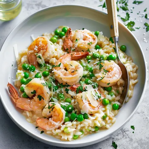 Crémeux risotto crevettes et pois