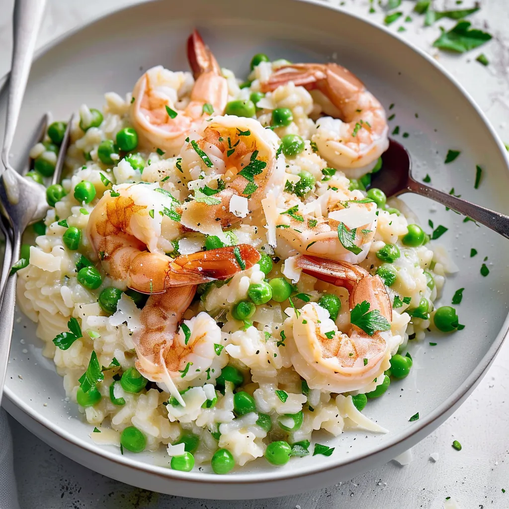 Risotto bien crémeux crevettes et petits pois