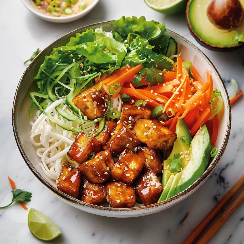 Bols gourmands avec tofu caramélisé et légumes frais