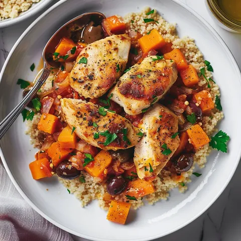 Poulet tendre patates douces olives