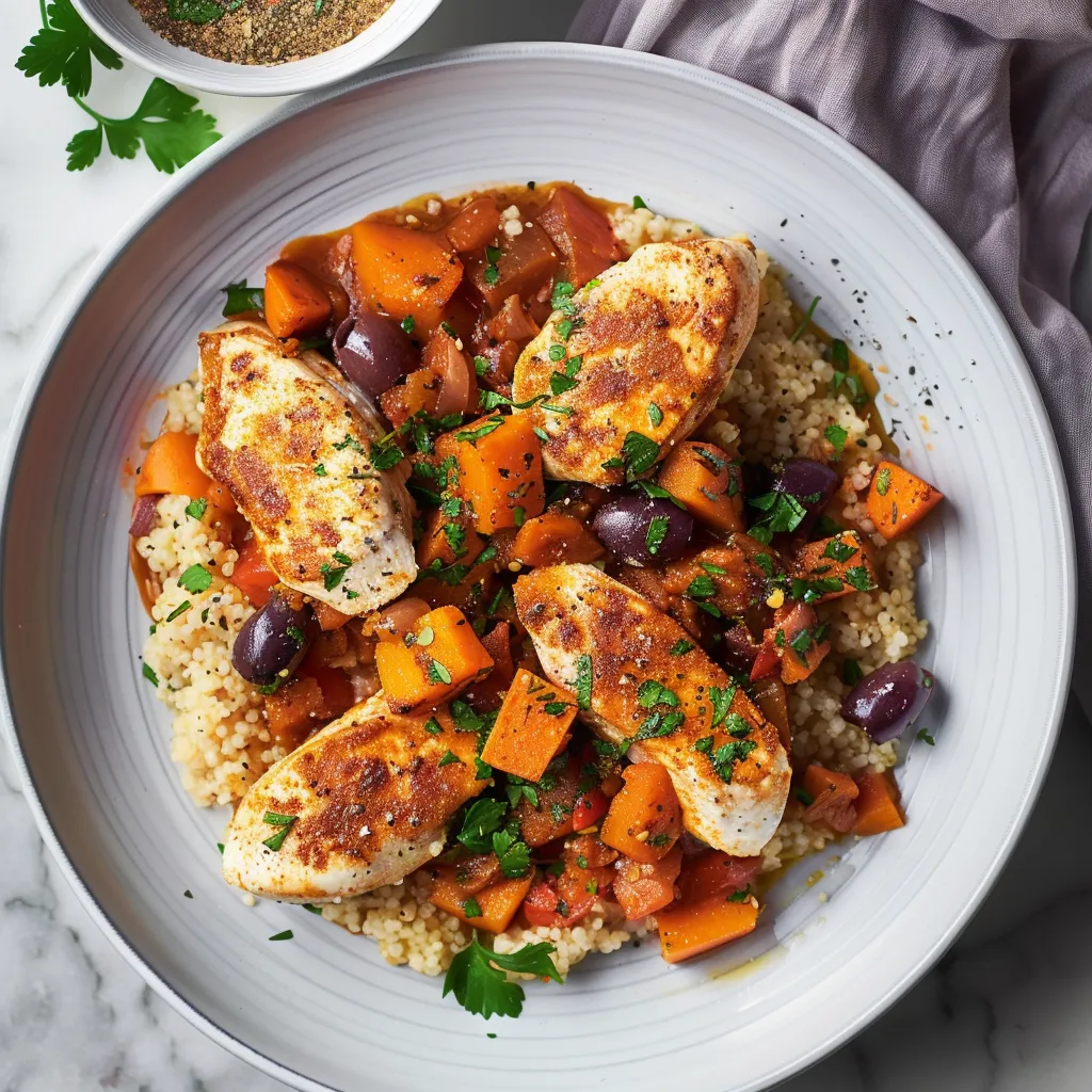 Escalopes de poulet fondantes avec patate douce et olives