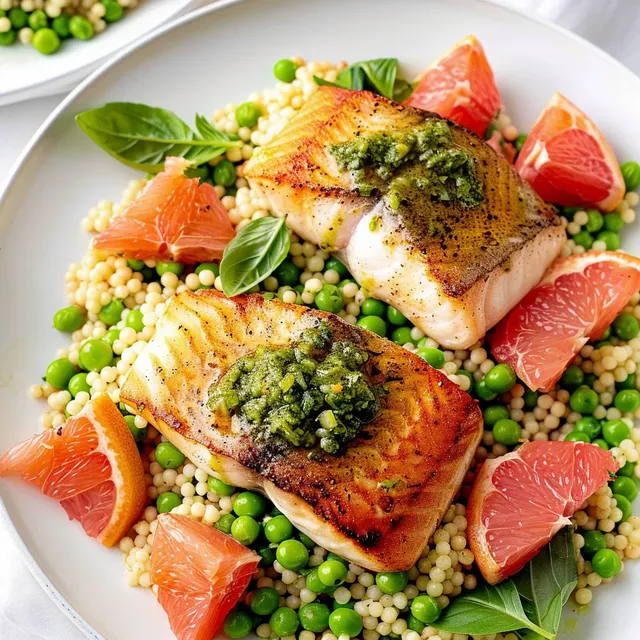Poisson doré avec couscous au pesto