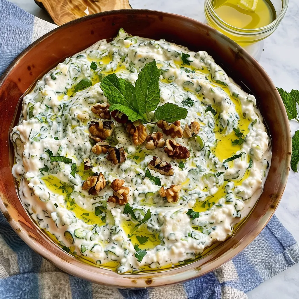 Courgettes, yaourt frais et noix croustillantes