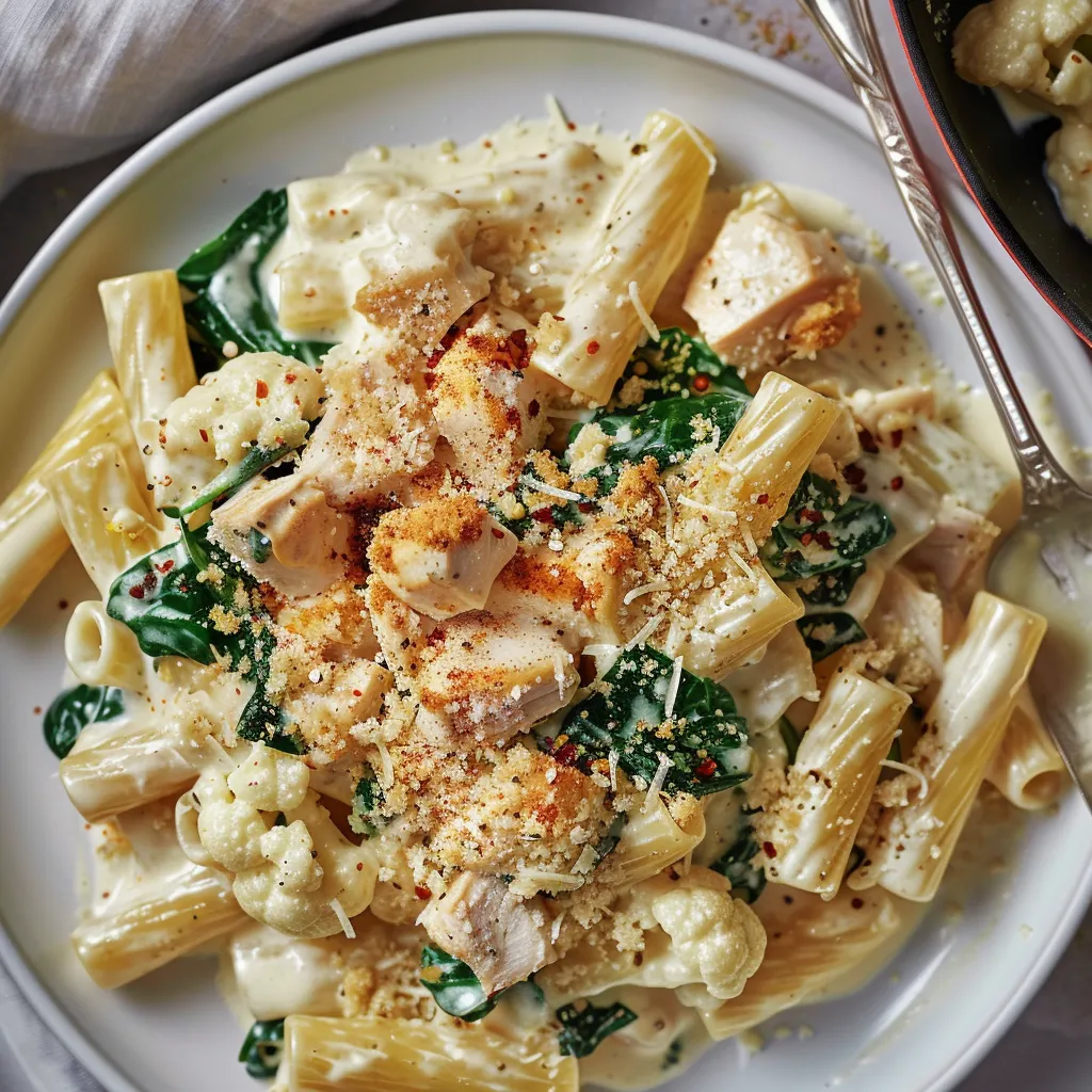 Rigatonis nappés d'une sauce onctueuse chou-fleur-poulet