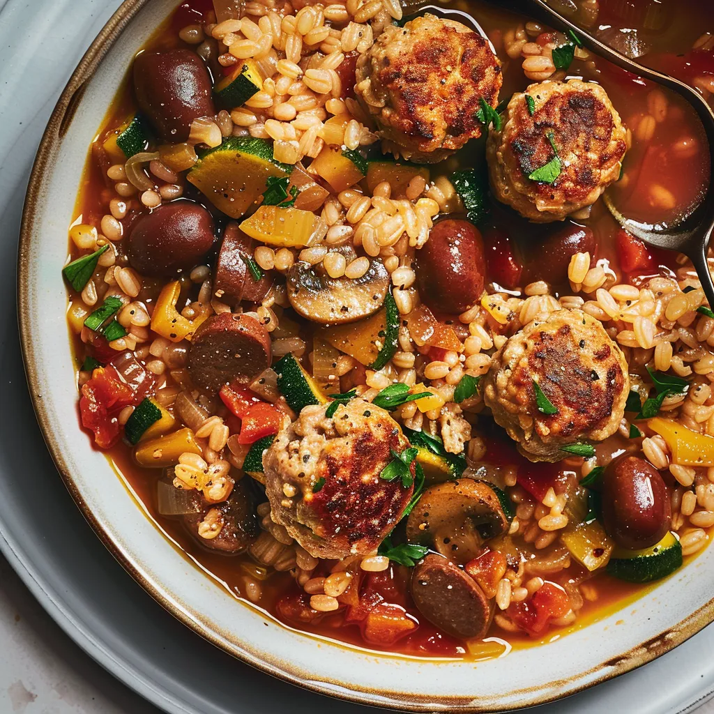 Plat convivial à l’orge et boulettes à partager