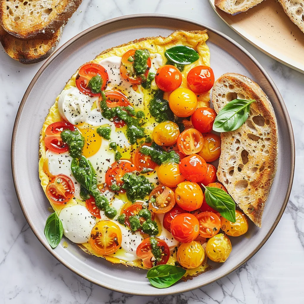Gourmande omelette aux tomates, mozzarella et pesto frais