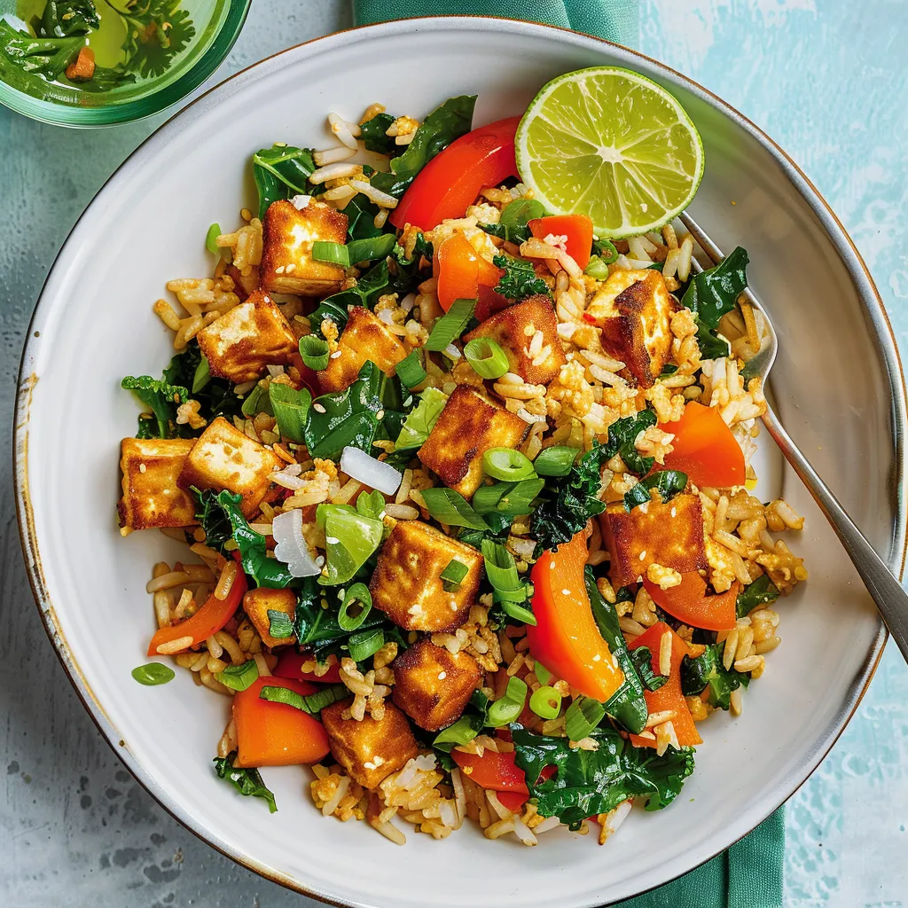 Riz sauté savoureux tofu et légumes