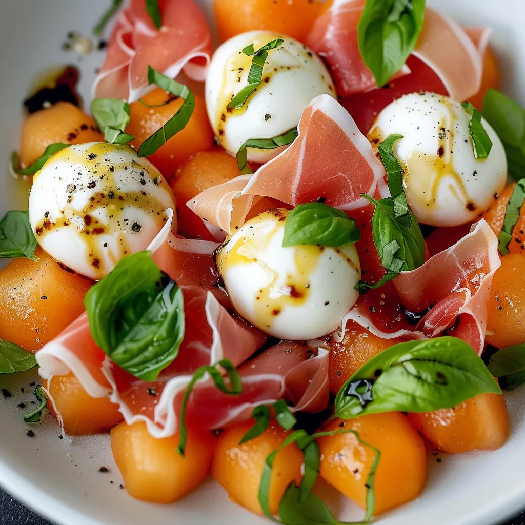 Melon jambon cru et mozzarella bien frais