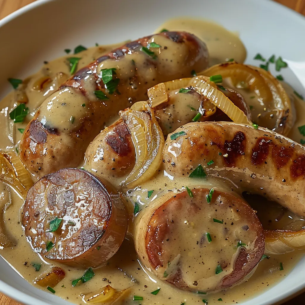 Saucisses et oignons fondants