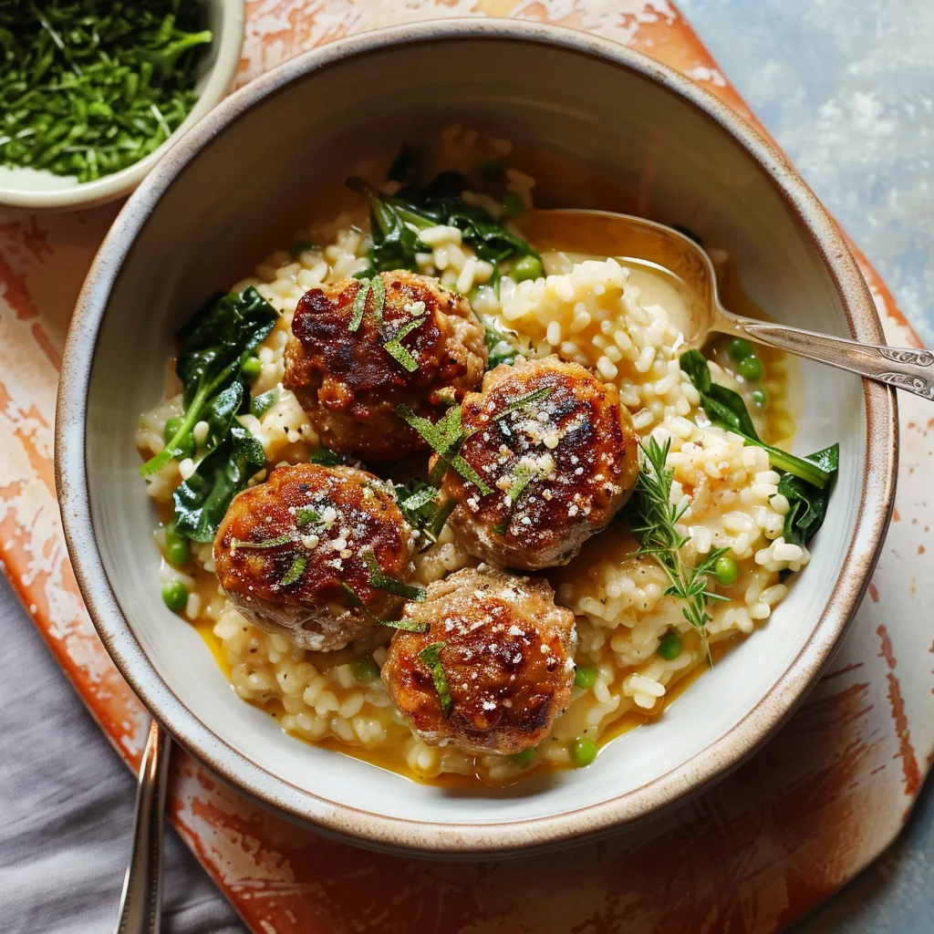 Risotto extra crémeux avec boulettes de porc et pois croquants