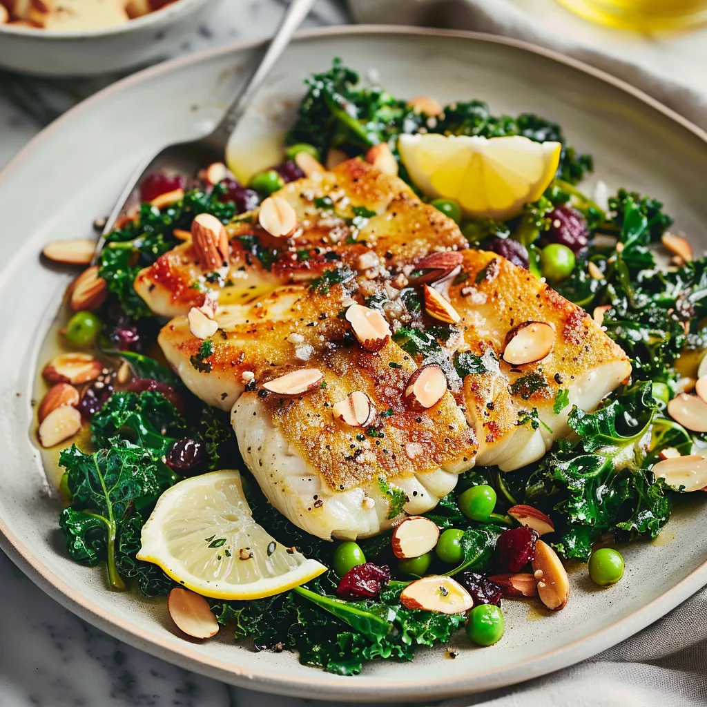 Morue dorée poêlée, kale et amandes croquantes
