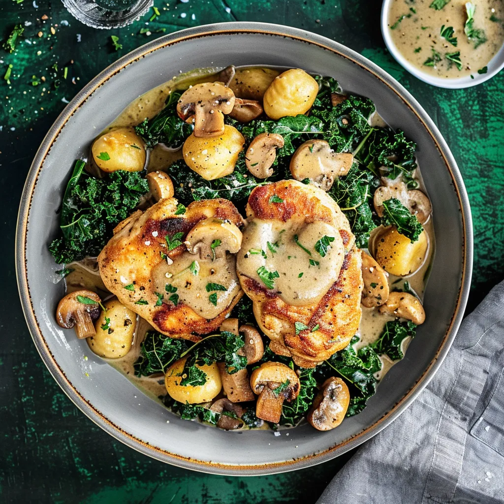 Poulet tendre, gnocchis fondants et kale avec champignons