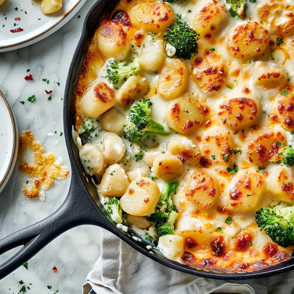 Un plat gratiné aux gnocchis et Saint-Jacques fondant