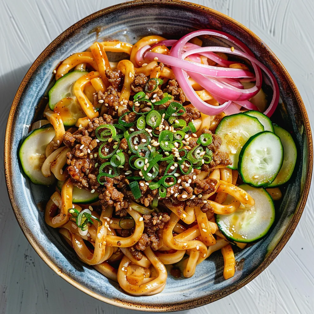 Nouilles udon au boeuf avec tamari et légumes marinés