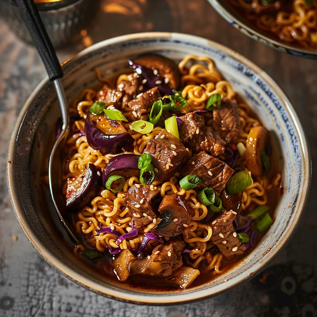 Bols débordants de bœuf, aubergine et pleurotes