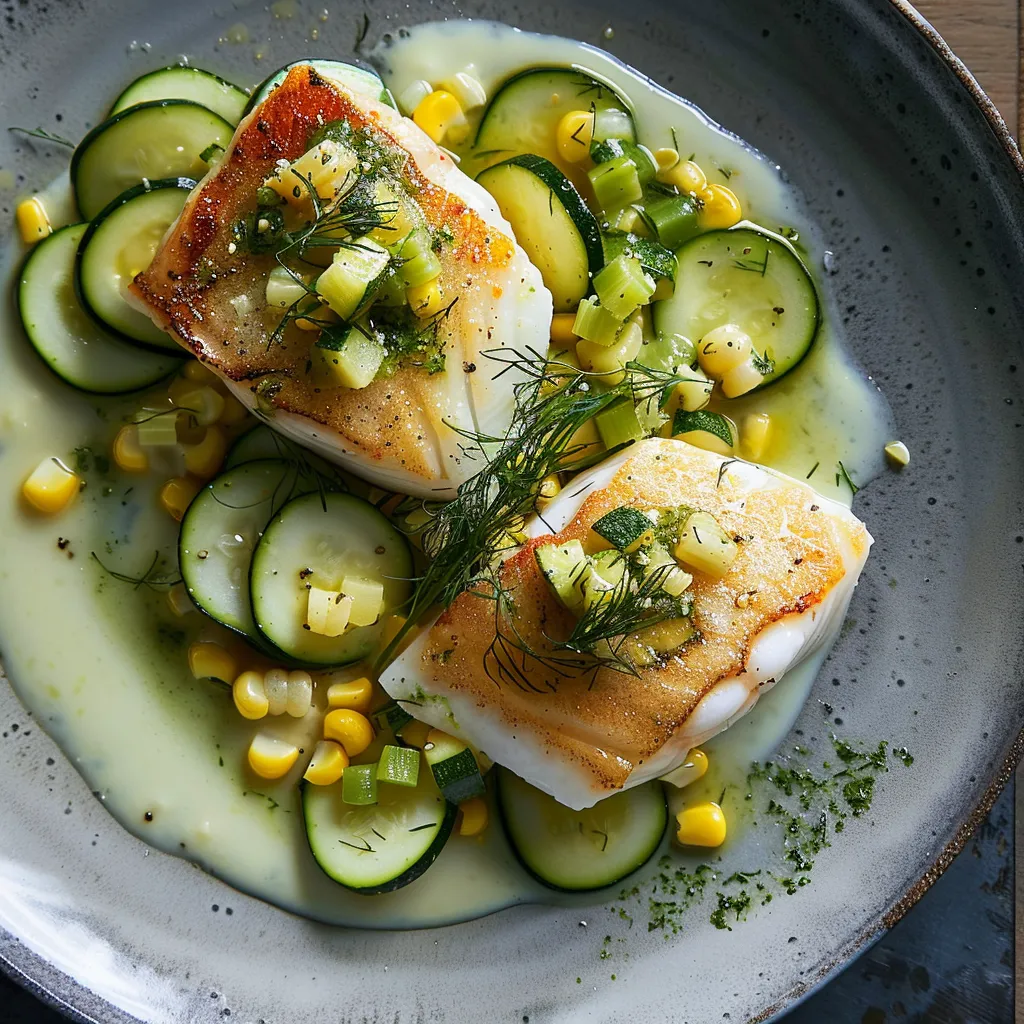 Turbot sur crème de maïs et gremolata de courgette