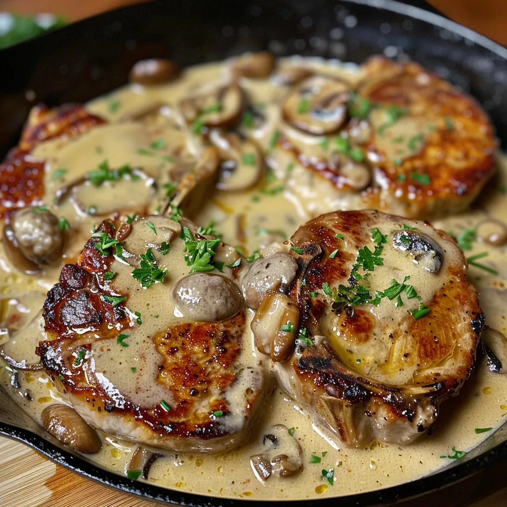 Plat de côtelettes de porc nappées d’une sauce au fromage bien gourmande