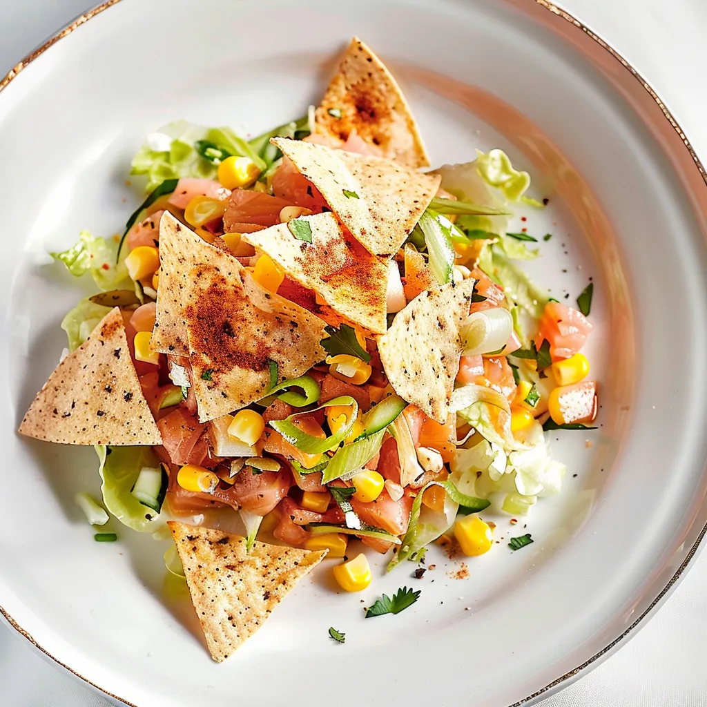 Salade de tartare de saumon, maïs et pita