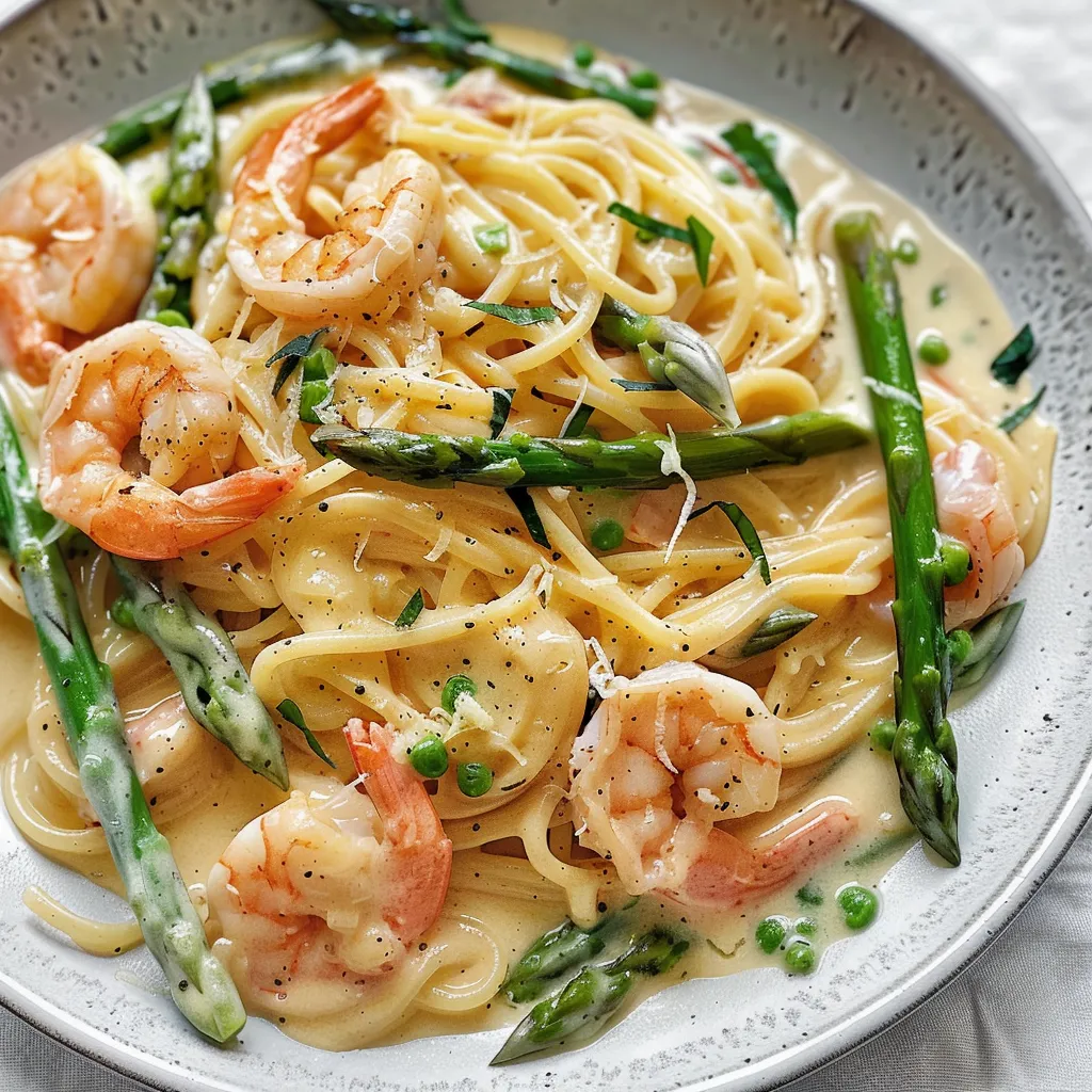 Spaghettis crémeux asperges crevettes sur assiette