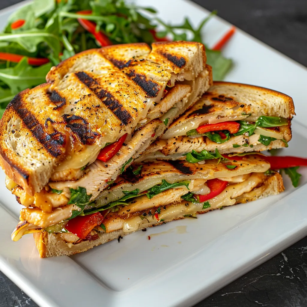 Goûtez un panini au poulet, poivron rôti et gouda fumé vraiment savoureux