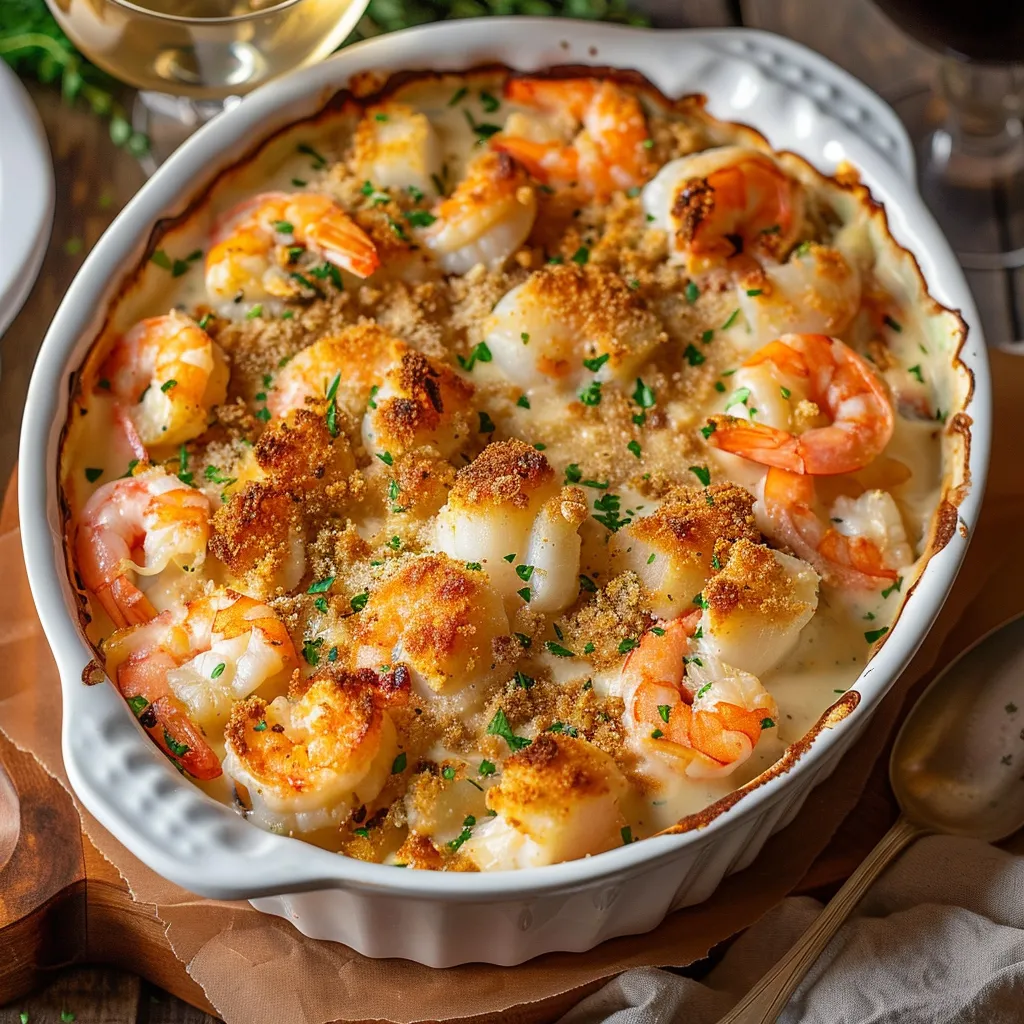 Gratin savoureux aux fruits de mer avec crevettes et saumon