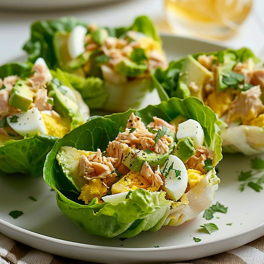 Feuilles de laitue garnies d’avocat, œuf et thon émietté