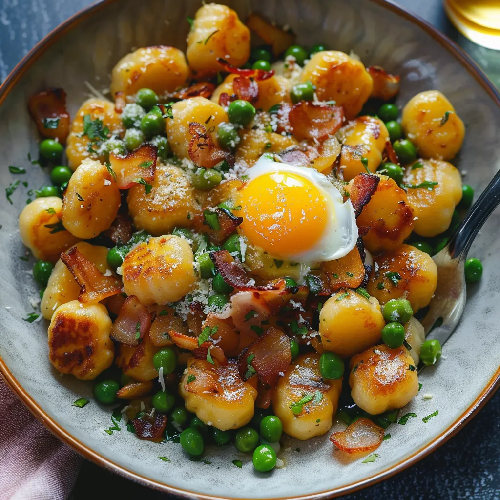 Gnocchis croustillants avec pancetta et carbonara