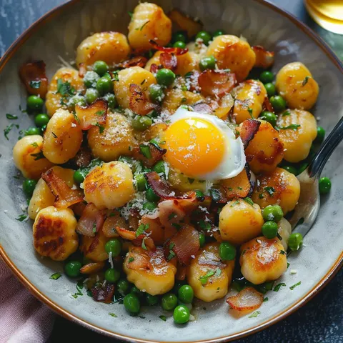 Gnocchis croustillants avec pancetta et carbonara