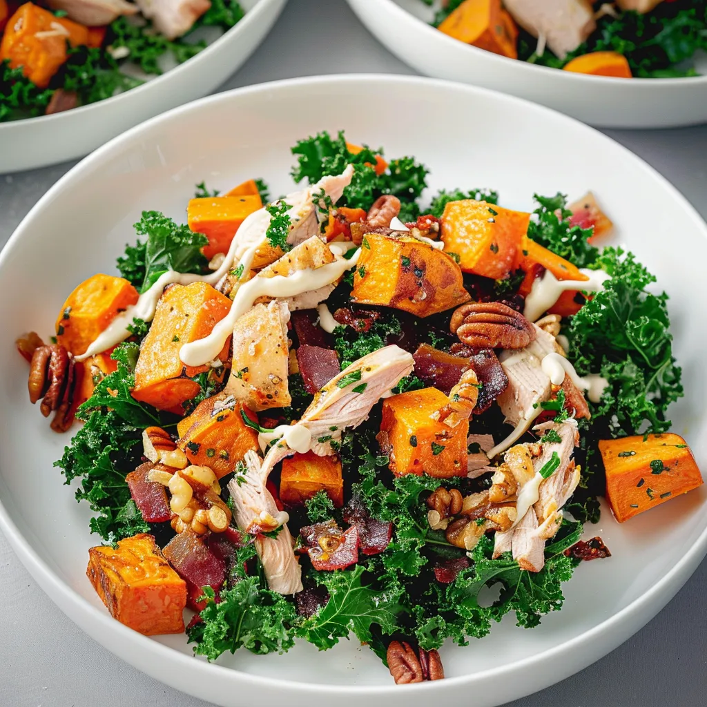 Chaud plat de patates douces, kale et poulet très gourmand