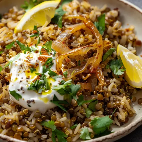 Lentilles, riz brun et oignons
