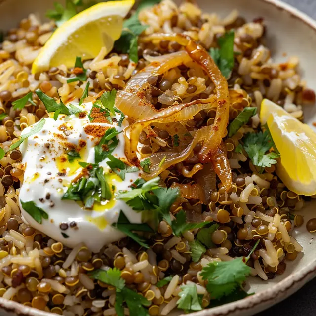 Lentilles, riz brun et oignons