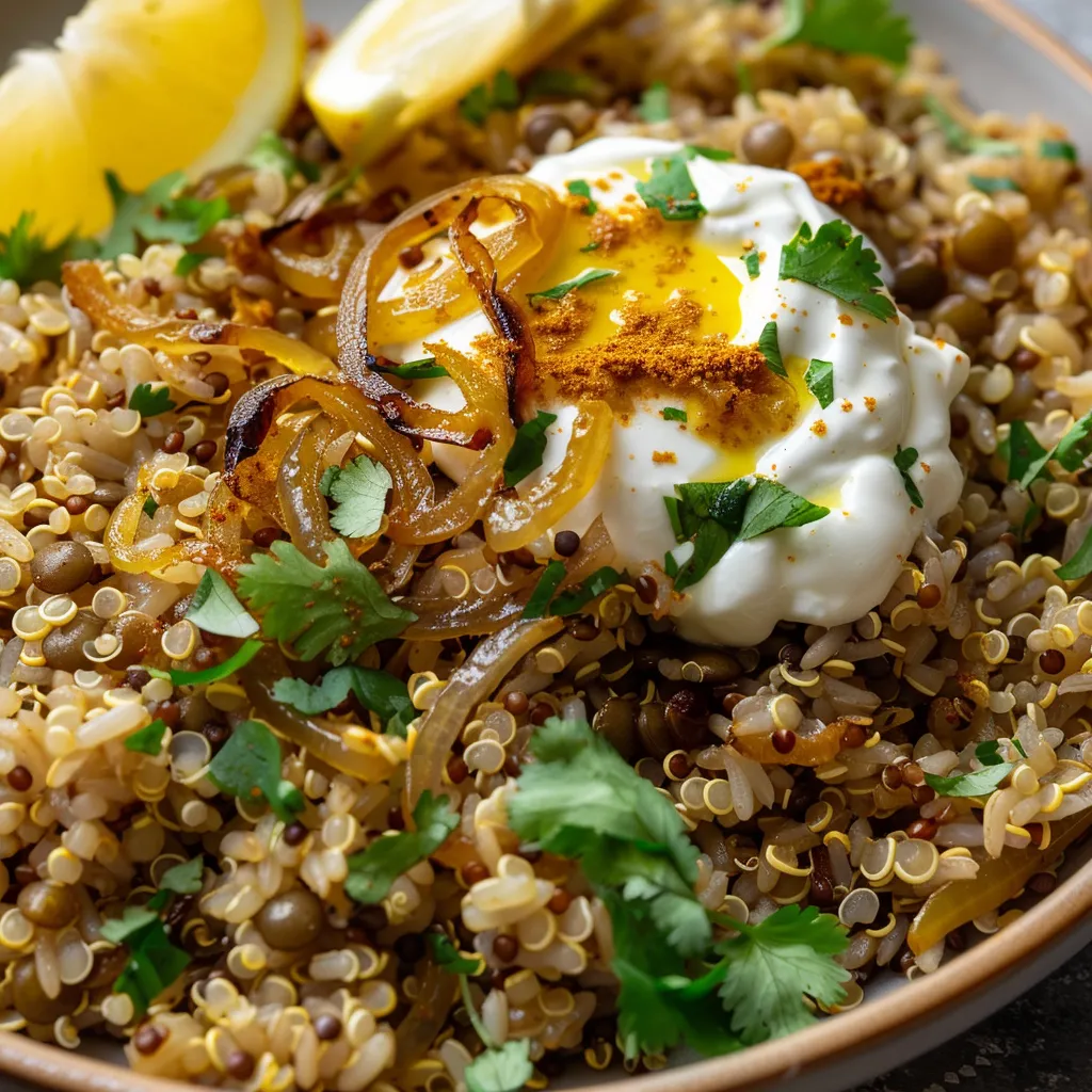 Riz brun gourmand, lentilles et oignons caramélisés