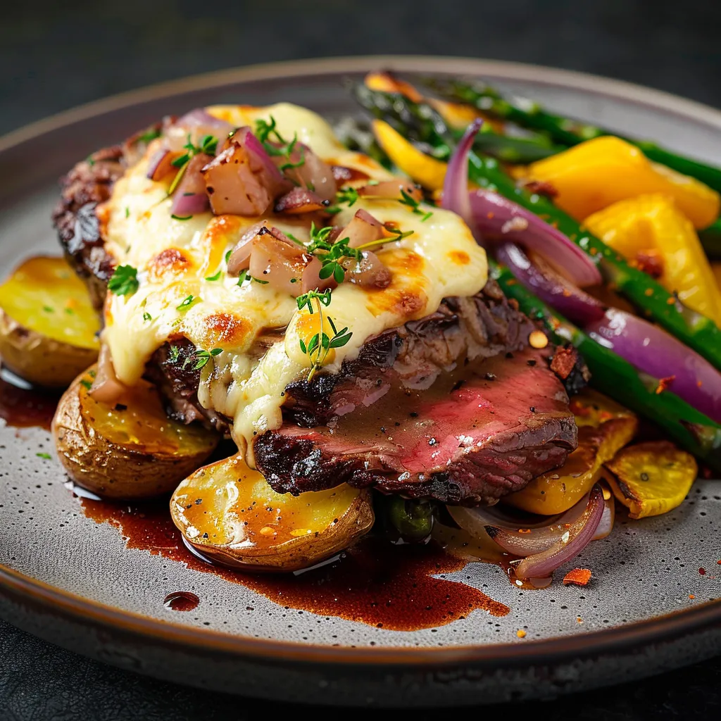 Bavette gratinée et légumes rôtis