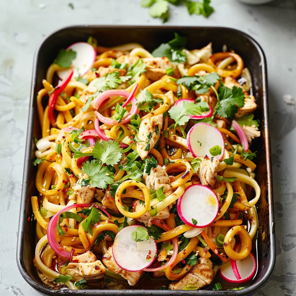 Udon au poulet et oignons grillés au curry