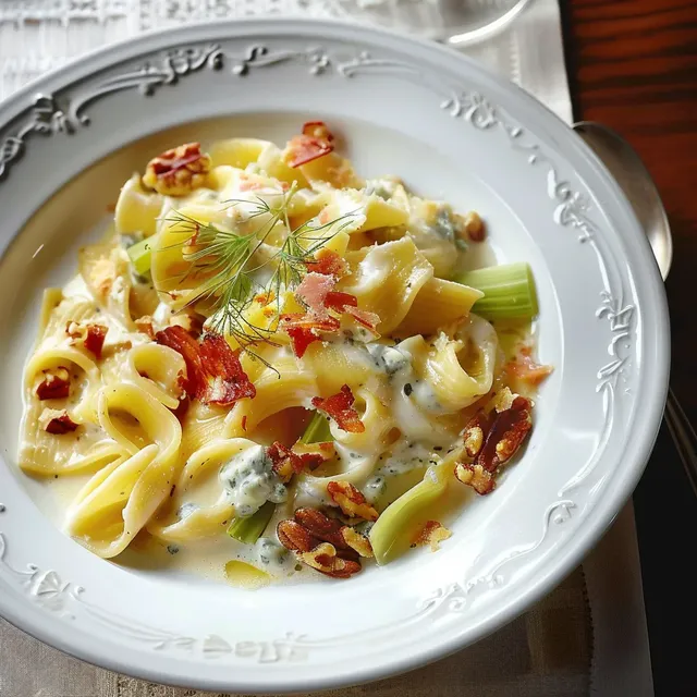 Plat de pâtes au gorgonzola et speck
