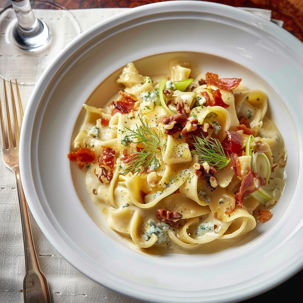 Pâtes au gorgonzola, fenouil et jambon cru