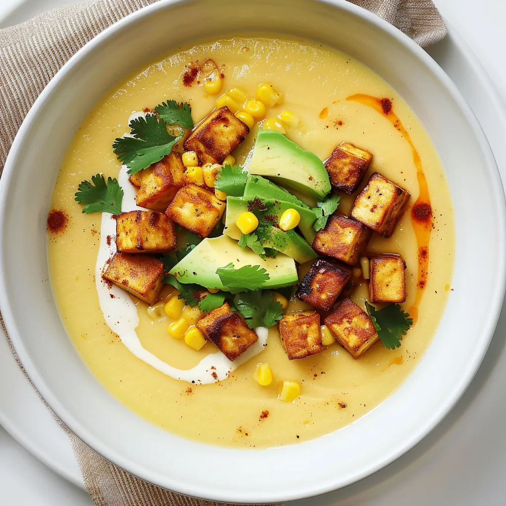 Soupe crémeuse de maïs et tofu grillé au barbecue