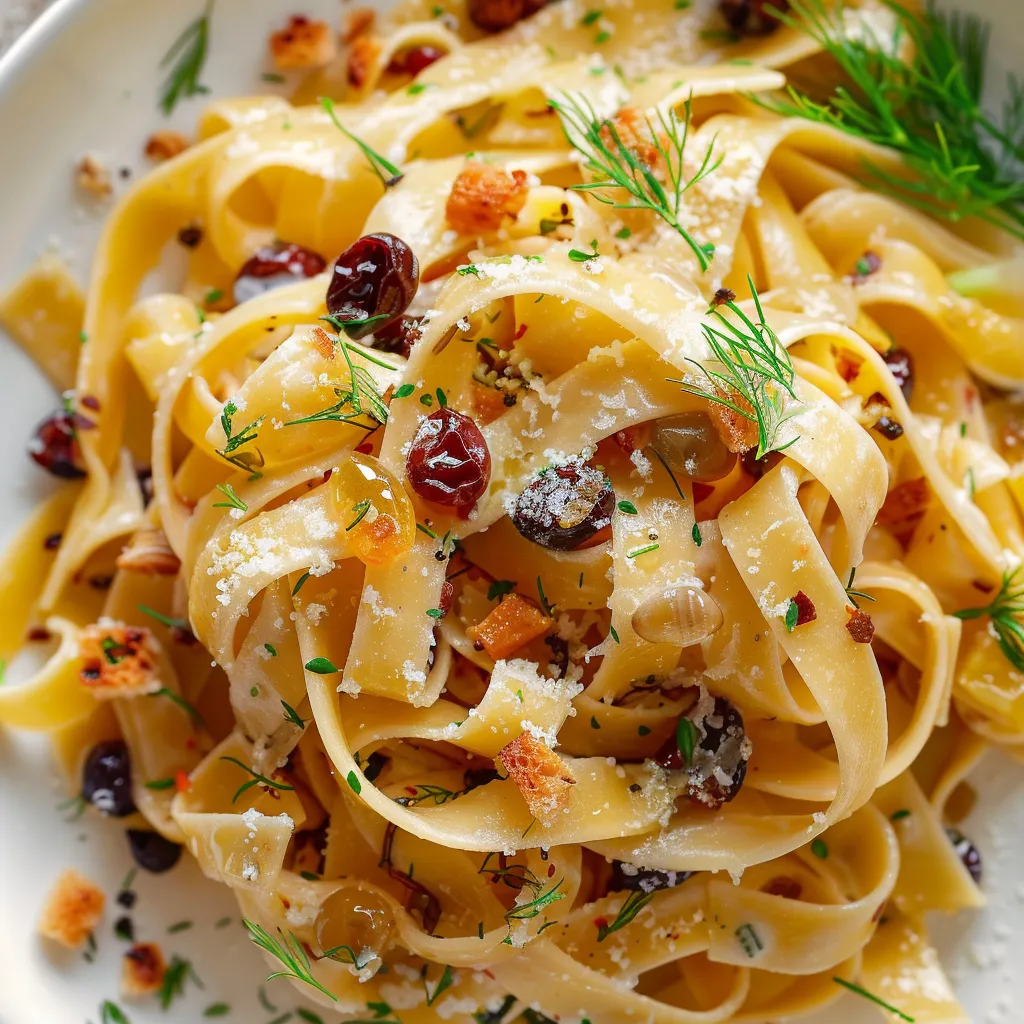 Tagliatelles au fenouil avec raisins et croûtons croustillants