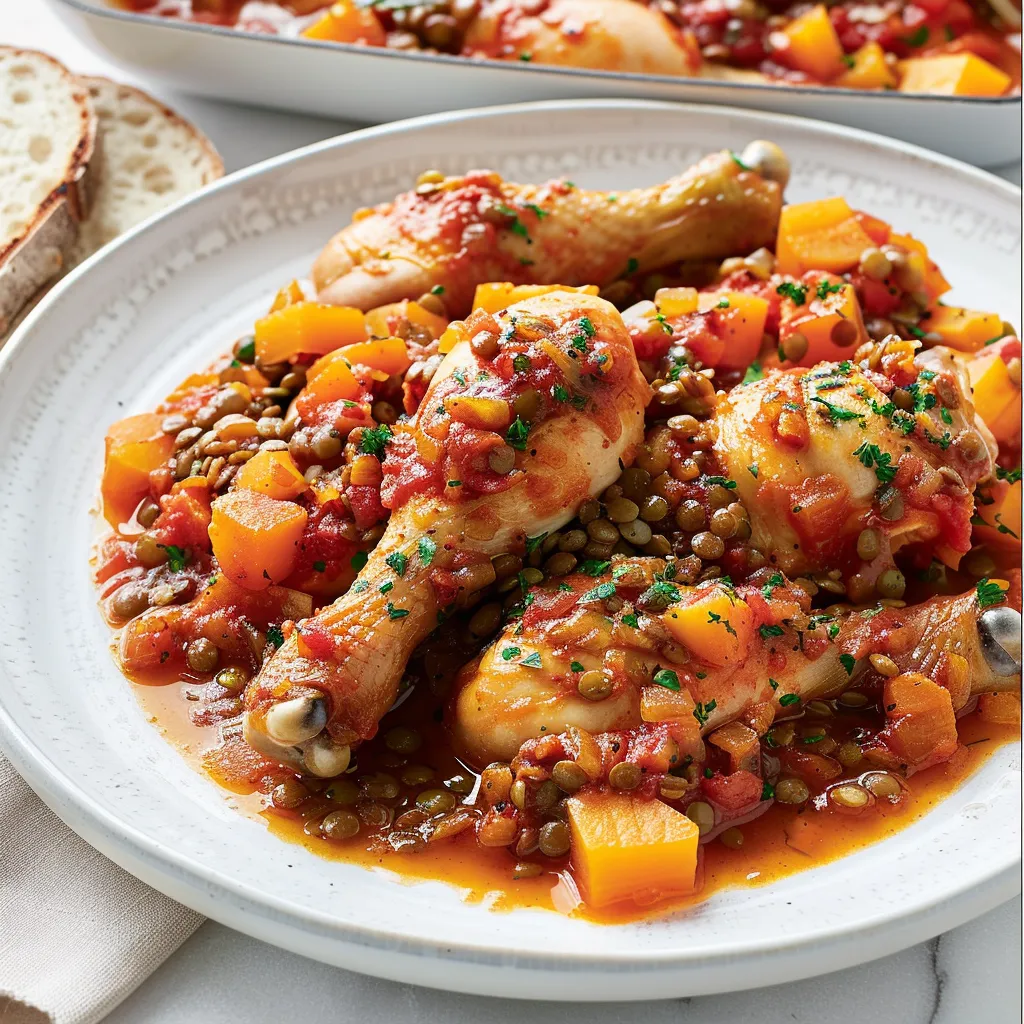 Pilons de poulet savoureux avec tomates et lentilles