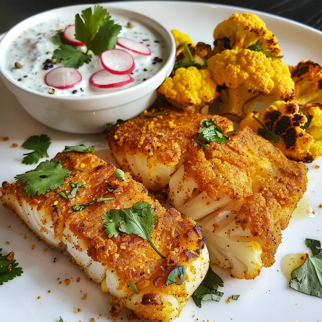 Poisson et chou-fleur au curry et raïta de radis sur une assiette généreuse