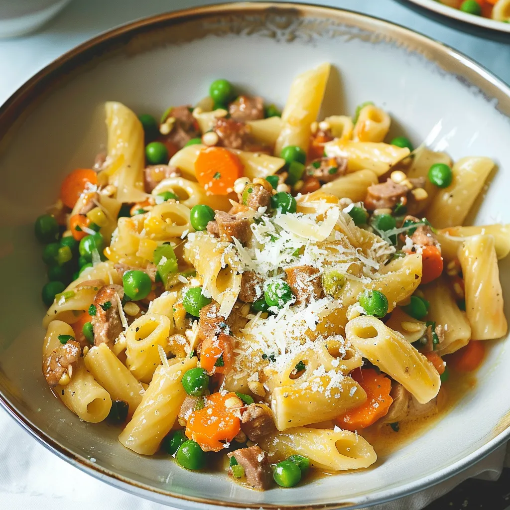 Pâtes gourmandes saucisse et petits pois façon italienne