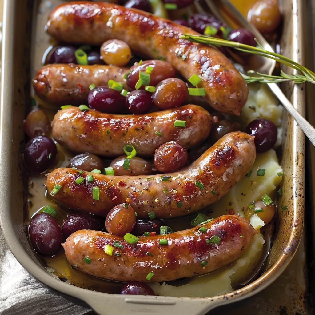Saucisses de Toulouse et raisins dorés au four