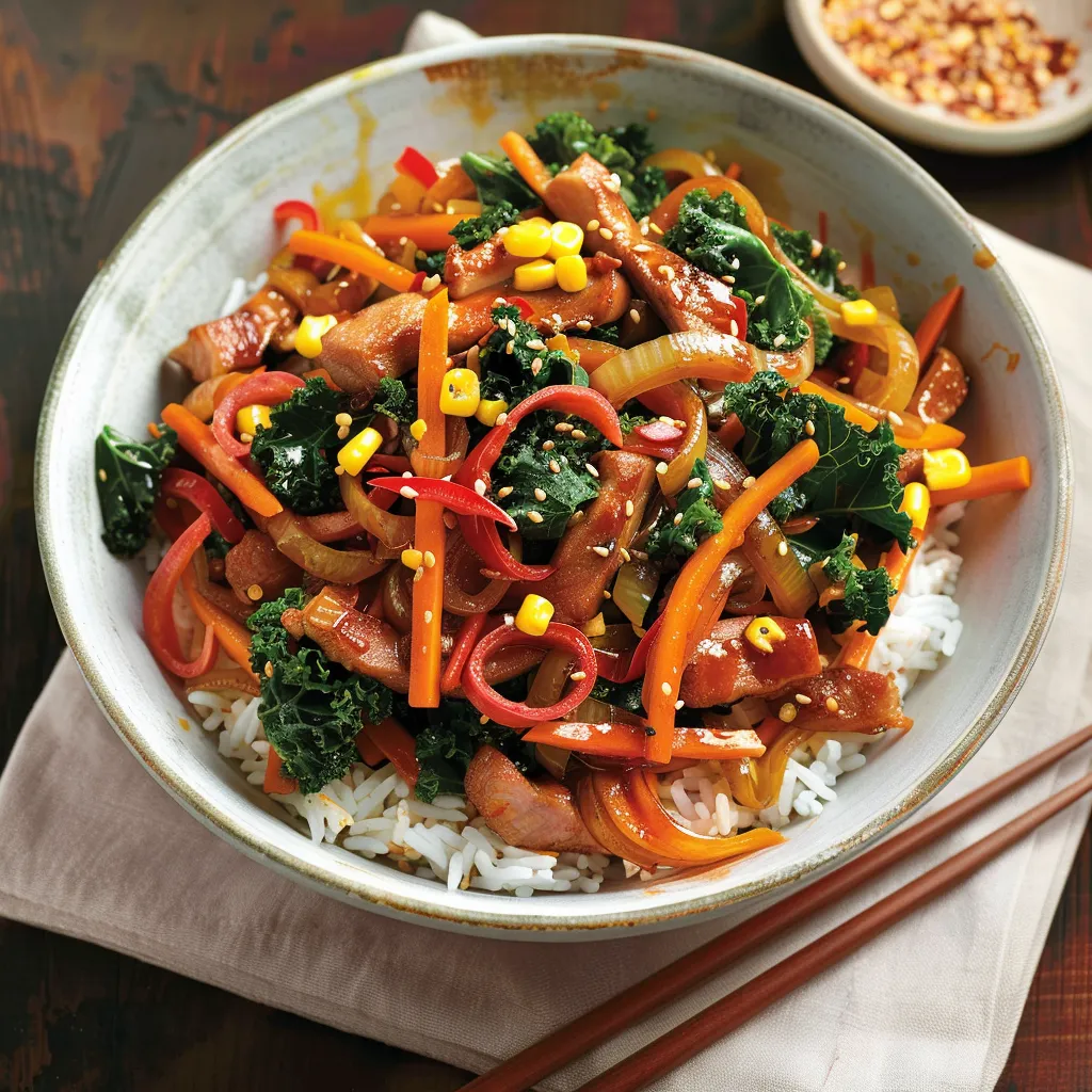 Porc sauté, kale et maïs, goûts bien équilibrés