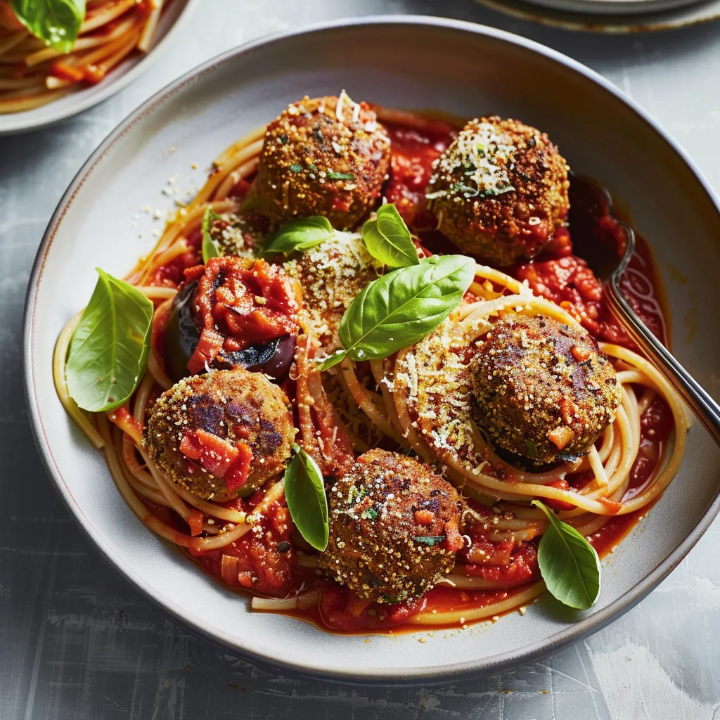 Spaghettis aux boulettes d’aubergine et sauce tomate savoureux