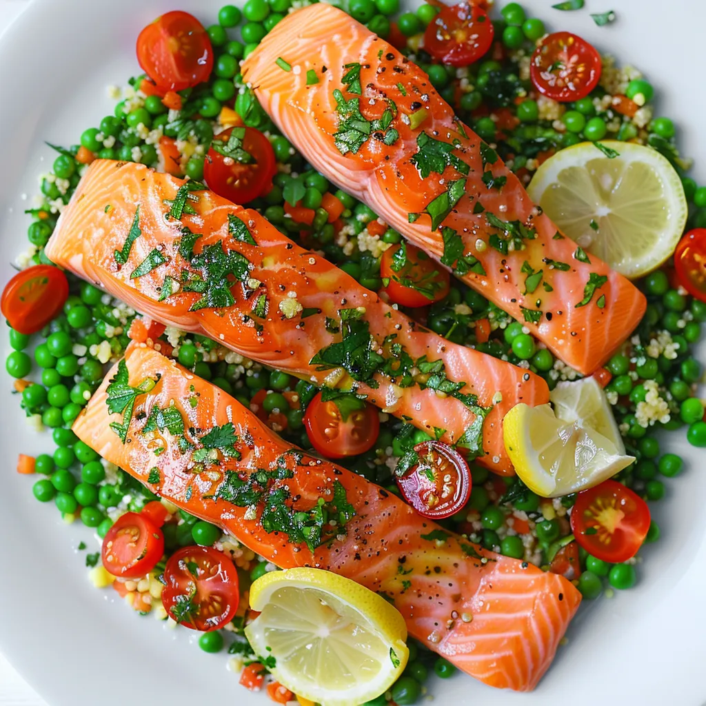 Saumon froid, taboulé parfumé et légumes frais