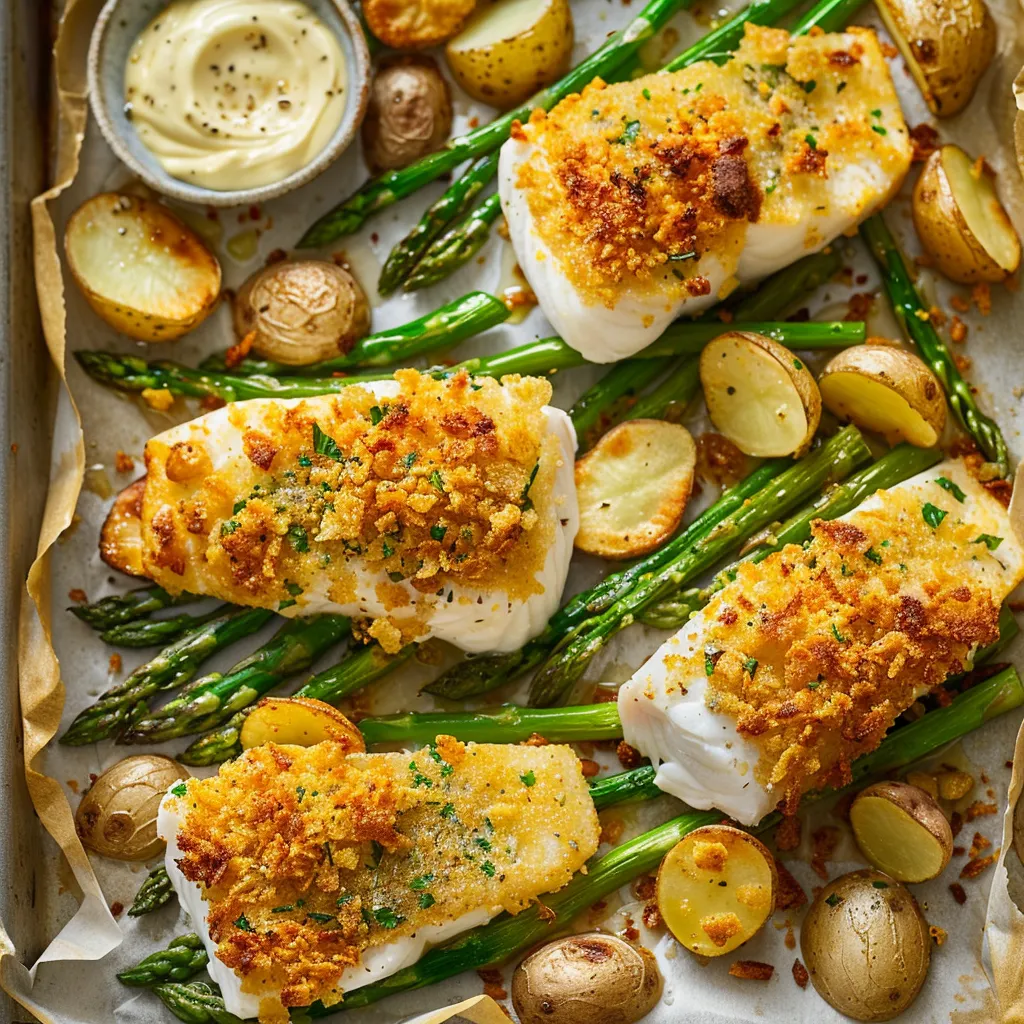Poisson croustillant et légumes cuits au four tout dorés