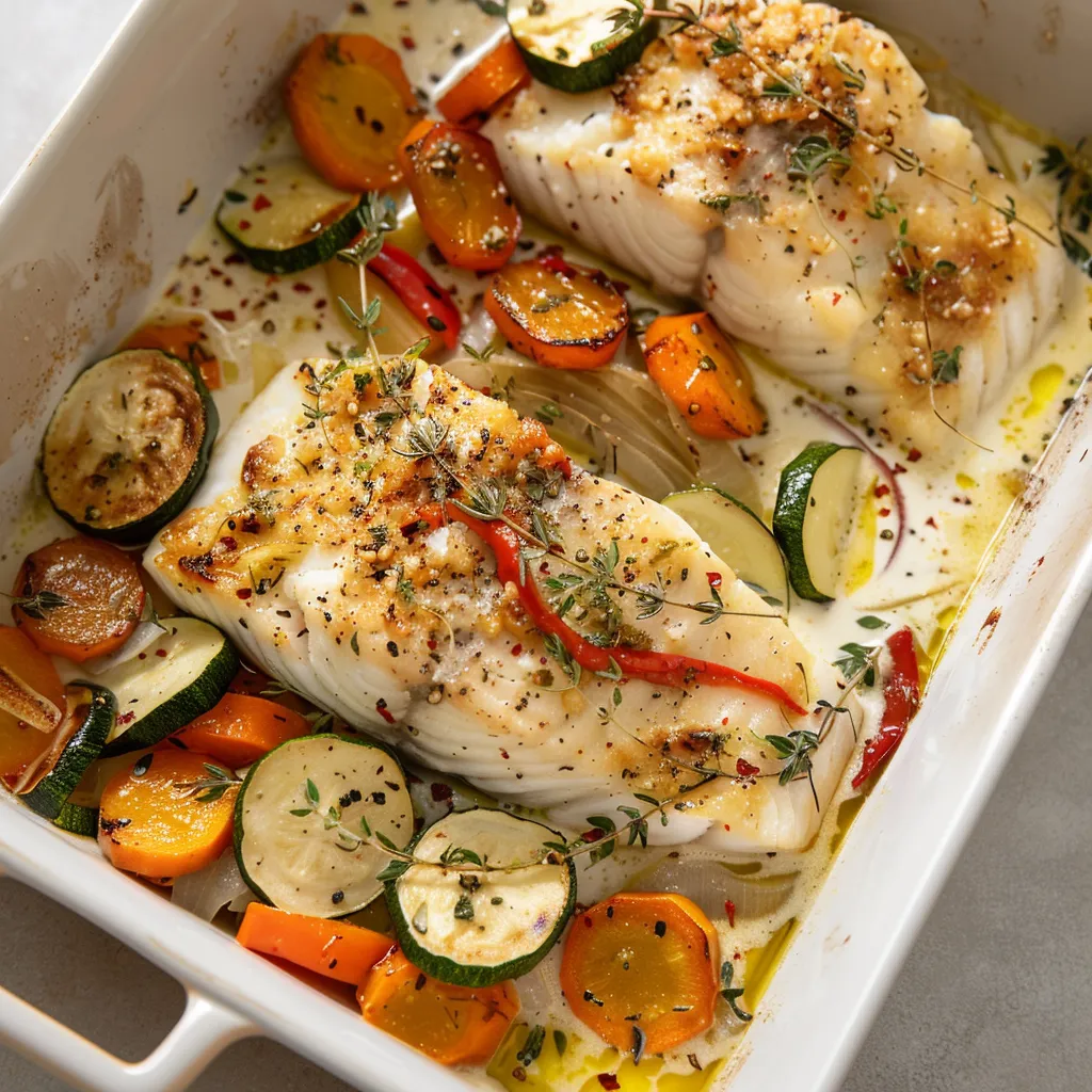 Poisson cabillaud au four sauce crémeuse et légumes dorés