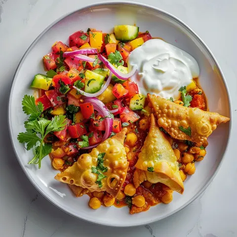 Samosas croustillants et pois chiches au cari